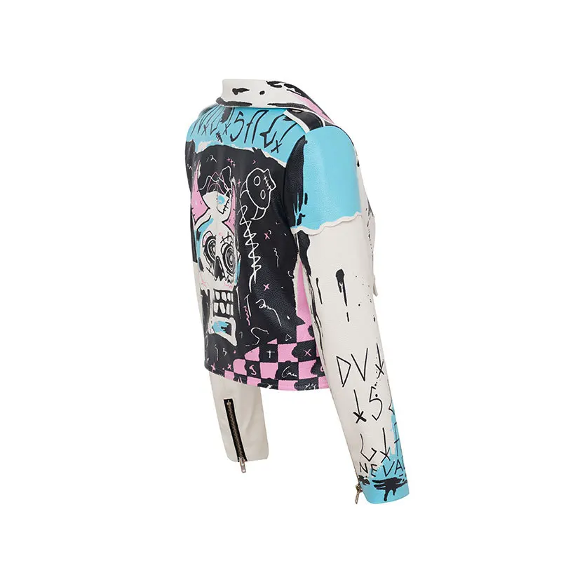 

Spring Fashion Punk Rock Skull Faux Leather Jacket for Women Personality Graffiti Print Rivet Moter Jacket