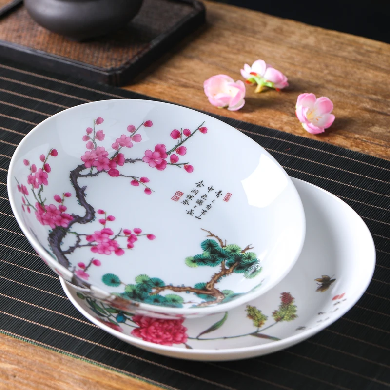

8inch Jingdezhen Ceramic Dinner Plate Chinese Bone China Round Food Plates Fruit Cake Snack Tray Kitchen Porcelain Utensils Gift