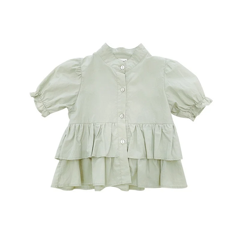 2021 Summer girls solid color ruffles shirts children single breasted short sleeve long Tops 
2021 Summer girls solid color ruffles shirts children single breasted short sleeve long Tops