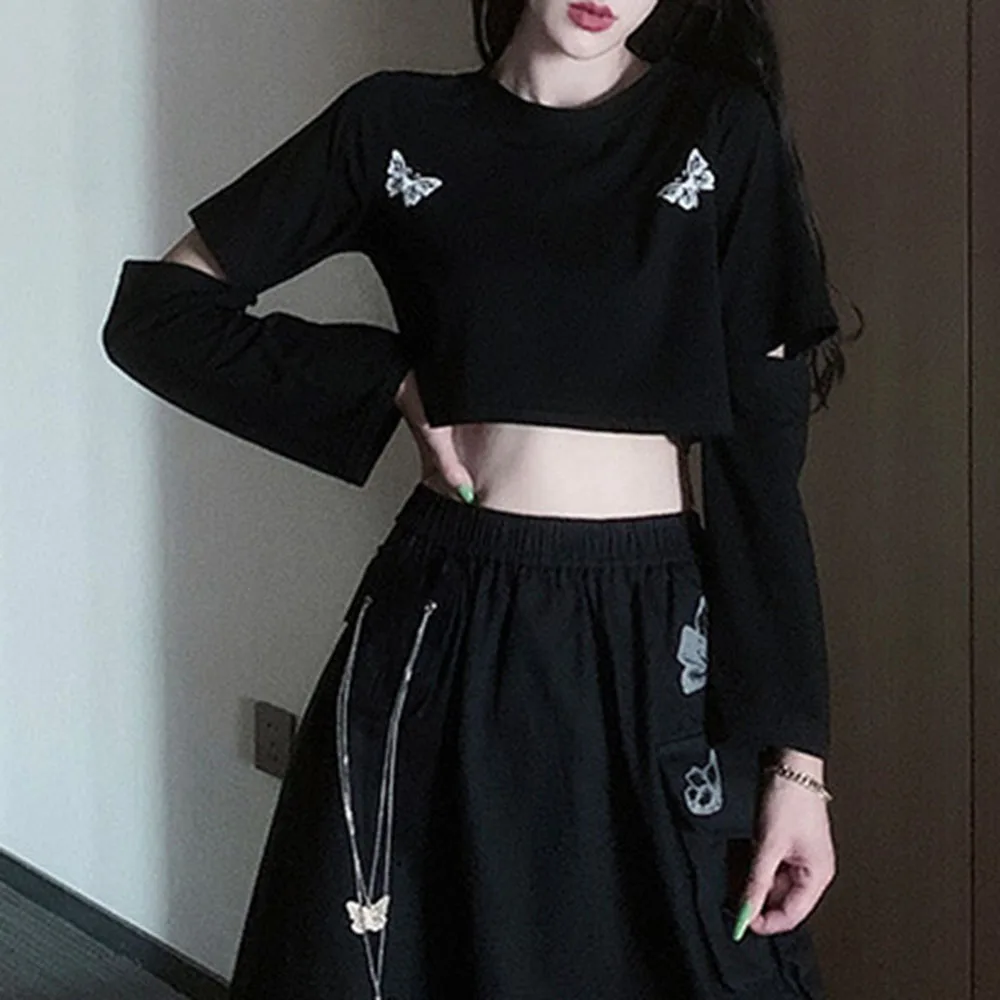 2021 Summer New Gothic High Street Fashion Hipster T-Shirt Long Sleeve Removable Round Neck Navel Butterfly Printing
2021 Summer New Gothic High Street Fashion Hipster T-Shirt Long Sleeve Removable Round Neck Navel Butterfly Printing