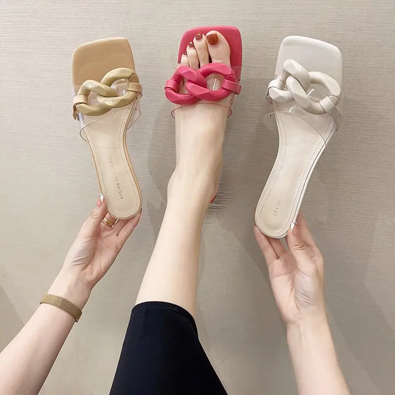 Мюли женские прозрачные с цепочкой, шлепанцы на среднем каблуке, сланцы, модная обувь, лето 
Мюли женские прозрачные с цепочкой, шлепанцы на среднем каблуке, сланцы, модная обувь, лето