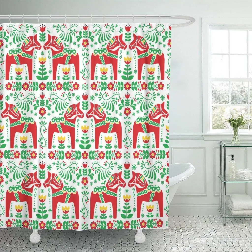 Green Scandinavian Folk Pattern Swedish Dala Daleclarian Horse Floral Shower Curtain Waterproof Polyester Fabric 72 x 72 Inches 
Green Scandinavian Folk Pattern Swedish Dala Daleclarian Horse Floral Shower Curtain Waterproof Polyester Fabric 72 x 72 Inches