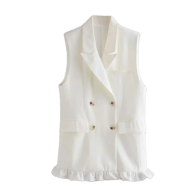 SLMD Stylish Chic Khaki Ruffles Double Breasted Vest Coat Women 2021 Fashion Pockets Waistcoat Female Casual Outfitsar | Женская одежда