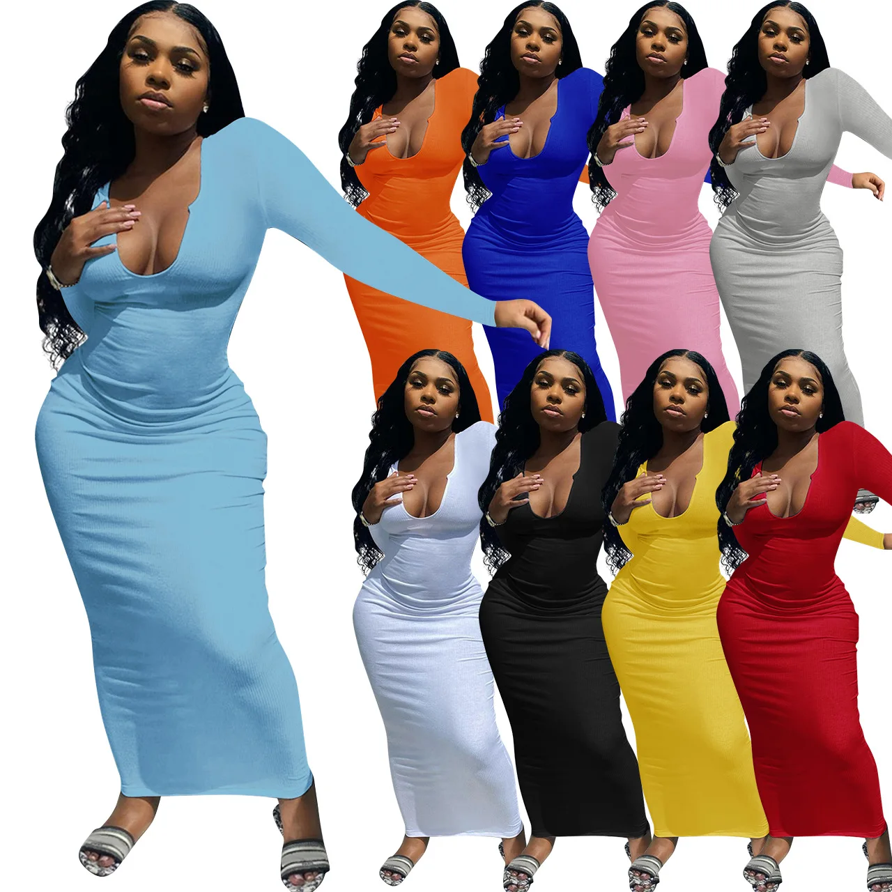 Sexy Women Long Dress V-neck Solid Color Bodycon Streetwear Full Sleeve Streetwear Summer Clothes For Women Vestidos
Sexy Women Long Dress V-neck Solid Color Bodycon Streetwear Full Sleeve Streetwear Summer Clothes For Women Vestidos
