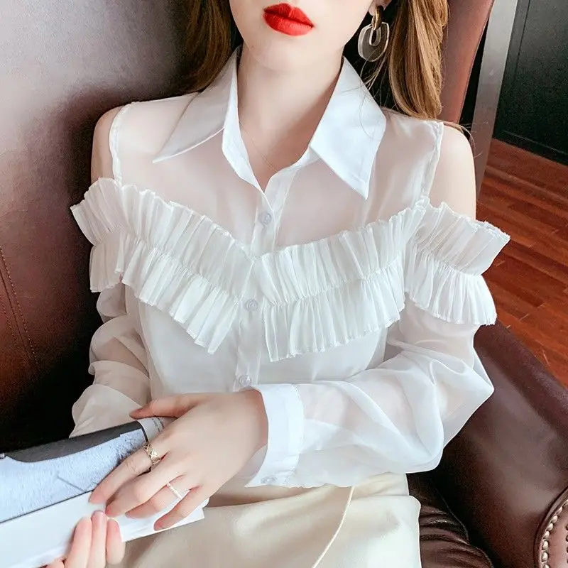 2021 summer new female long-sleeved POLO collar top fashion casual fungus off-shoulder chiffon shirt solid color wild
2021 summer new female long-sleeved POLO collar top fashion casual fungus off-shoulder chiffon shirt solid color wild