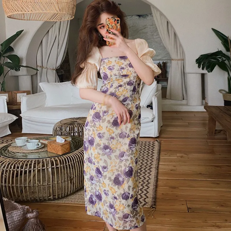 Square Collar Short Sleeve Dress Retro Elegant Straight Dresses Sweet Slim Floral Prints Midi Dresses
Square Collar Short Sleeve Dress Retro Elegant Straight Dresses Sweet Slim Floral Prints Midi Dresses