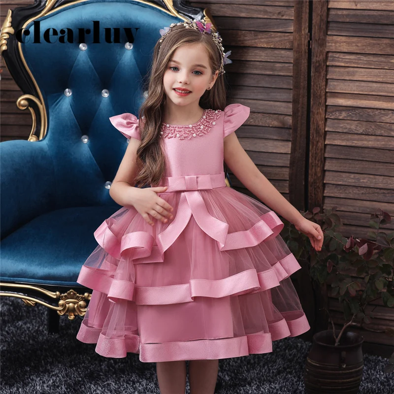 

Бальное платье для девочек, розовое платье с коротким рукавом и О-образным вырезом из тюля для свадебных торжеств, B088