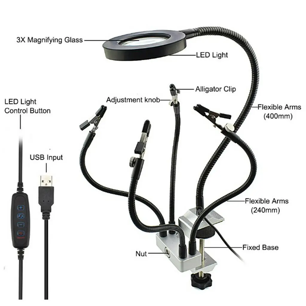 PCB Magnifier LED Light Flexible Arms PCB 3X Soldering Magnifier Repair Welding Third Hand Tool Bench Vise Table Clamp Magnifier
PCB Magnifier LED Light Flexible Arms PCB 3X Soldering Magnifier Repair Welding Third Hand Tool Bench Vise Table Clamp Magnifier