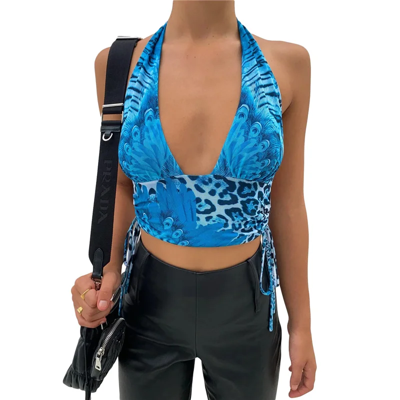 Women’s 2 Piece Outfits, Sexy Animal Print Drawstring Halter Tank Tops + Flare Pants Set Streetwear 
Women’s 2 Piece Outfits, Sexy Animal Print Drawstring Halter Tank Tops + Flare Pants Set Streetwear
