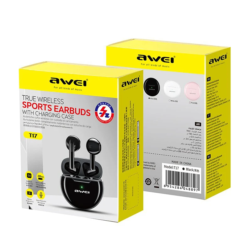 AWEI Bluetooth Headsets T17 TWS Wireless Earbud Mini Half in Ear Type-C Charging Case With Microphone Waterproof Sports Earphone
AWEI Bluetooth Headsets T17 TWS Wireless Earbud Mini Half in Ear Type-C Charging Case With Microphone Waterproof Sports Earphone
