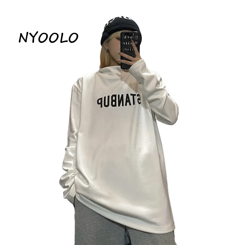 

Водолазка NYOOLO в Корейском стиле с длинным рукавом и простым принтом букв, пуловеры, женская и мужская одежда, зимние теплые готические топы, футболка