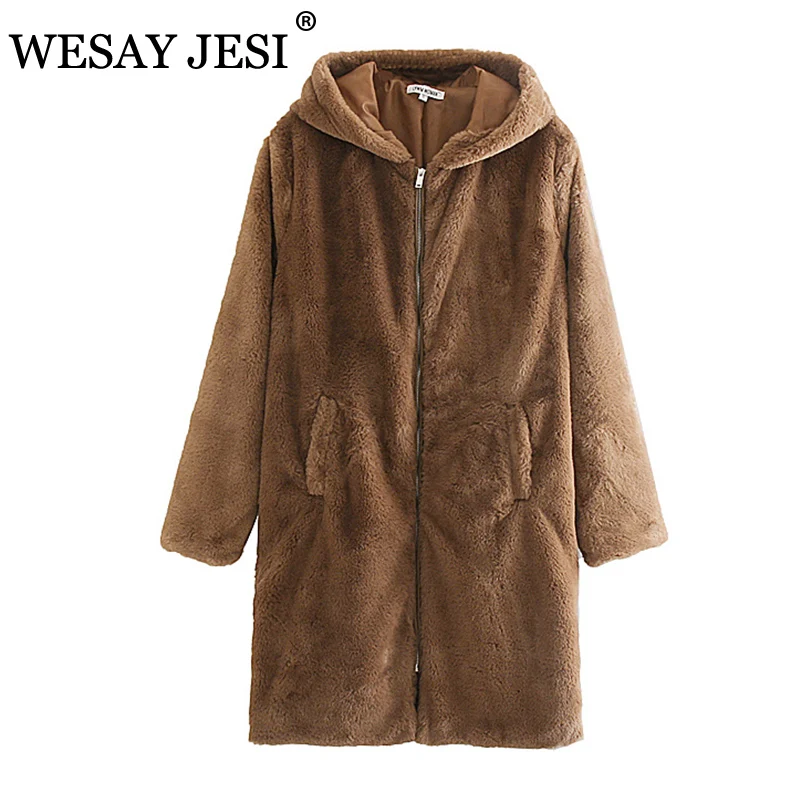 

WESAY JESI ZA зимнее пальто для женщин утолщенная теплая куртка из искусственного меха ягненка с капюшоном модная флисовая пушистая уютная свобо...