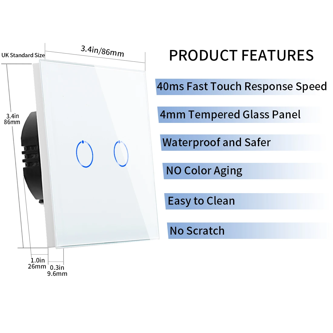 Bingoelec Wall Waterproof Switch EU Standard Touch Tempered Glass Power Supply Panel 2 Gang1 Way AC110-240V Size 86*86mm
Bingoelec Wall Waterproof Switch EU Standard Touch Tempered Glass Power Supply Panel 2 Gang1 Way AC110-240V Size 86*86mm