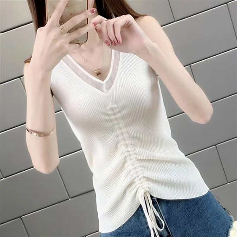 

Women 2021 Lace Splicing V Neck Vest Summer Sleeveless Strappy Tank Tops Printed Slim Sling Tops Office Lady Vest Tanks M08