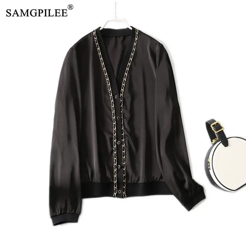 Summer Blouses For Women 2021 New Fashion Chain Decoration Cardigan Single Breasted Long Sleeved Spring Black Chiffon Blouse 4XL
Summer Blouses For Women 2021 New Fashion Chain Decoration Cardigan Single Breasted Long Sleeved Spring Black Chiffon Blouse 4XL