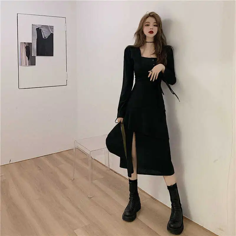 Dresses Women Black New Square Collar Ruffles Lace-up Side Split Korean Elegant Fashion Female Street Sweet A-line dress
Dresses Women Black New Square Collar Ruffles Lace-up Side Split Korean Elegant Fashion Female Street Sweet A-line dress