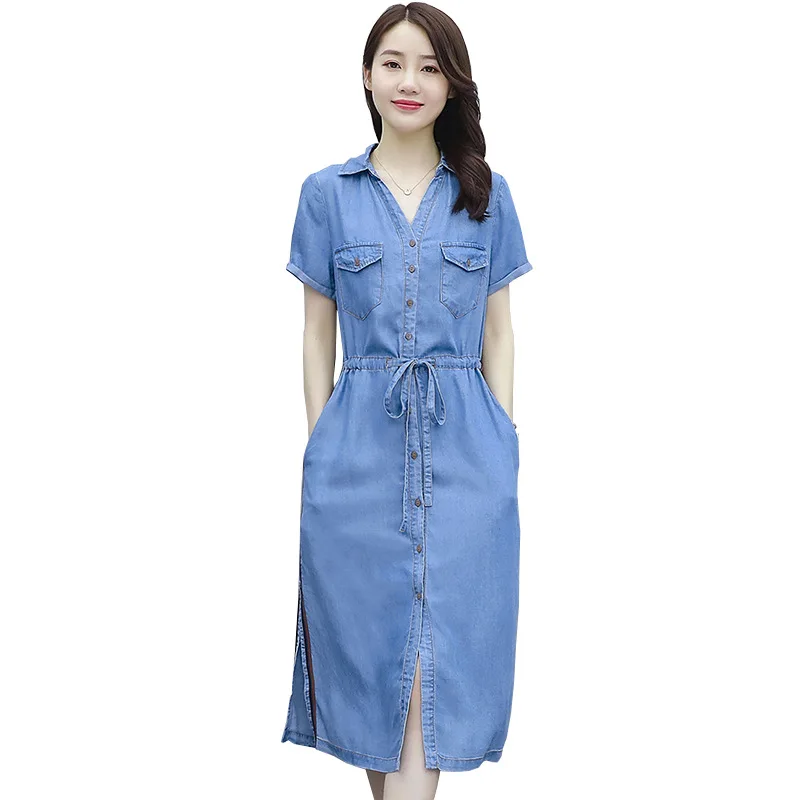Women Denim Dresses V Neck Short Sleeve Slit Drawstring Dress Summer Female Midi Length Casual Slim Shirt Dress
Women Denim Dresses V Neck Short Sleeve Slit Drawstring Dress Summer Female Midi Length Casual Slim Shirt Dress
