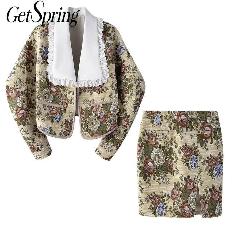 GetSpring Women Blazer Skirt Set Retro Flower Jacquard Printing Short Blazer And Skirt Set Fashion Women Two Piece Skirt Suit
GetSpring Women Blazer Skirt Set Retro Flower Jacquard Printing Short Blazer And Skirt Set Fashion Women Two Piece Skirt Suit