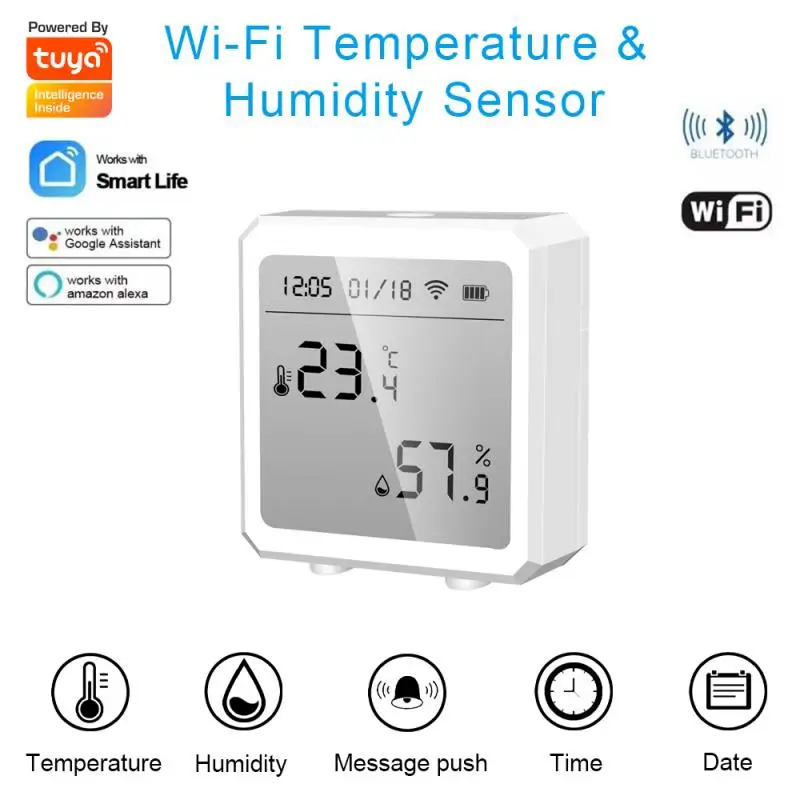 Умный датчик температуры и влажности Tuya, совместимый с Wi-Fi и Bluetooth, с функцией оповещения, с приложением Smart Life
Умный датчик температуры и влажности Tuya, совместимый с Wi-Fi и Bluetooth, с функцией оповещения, с приложением Smart Life