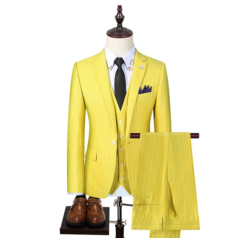Men's bright color suit three piece one button bridegroom dress Korean stage performance men's slim striped suit
Men's bright color suit three piece one button bridegroom dress Korean stage performance men's slim striped suit