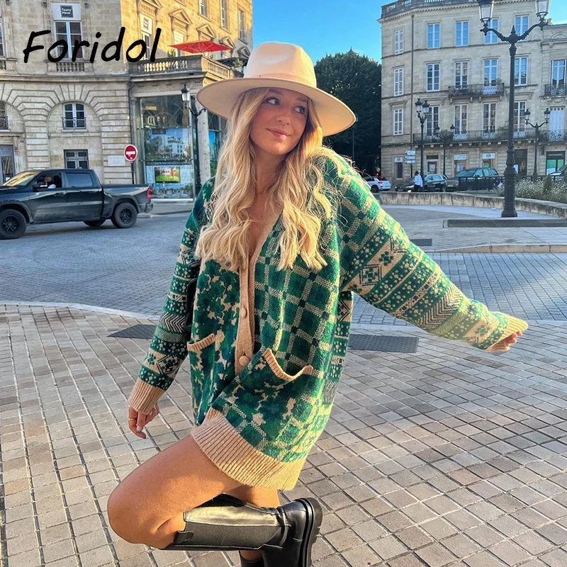 Foridol Knitted Argyle Long Cardigan Women Sweater Casual Oversize Autumn Winter Pockets Retro Green Button Up Cardigan
Foridol Knitted Argyle Long Cardigan Women Sweater Casual Oversize Autumn Winter Pockets Retro Green Button Up Cardigan