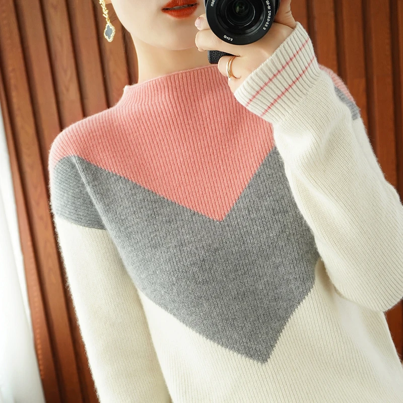 New product women's color-blocking knitted long-sleeved round neck cashmere sweater fashion high-quality 100% pure wool sweater
New product women's color-blocking knitted long-sleeved round neck cashmere sweater fashion high-quality 100% pure wool sweater