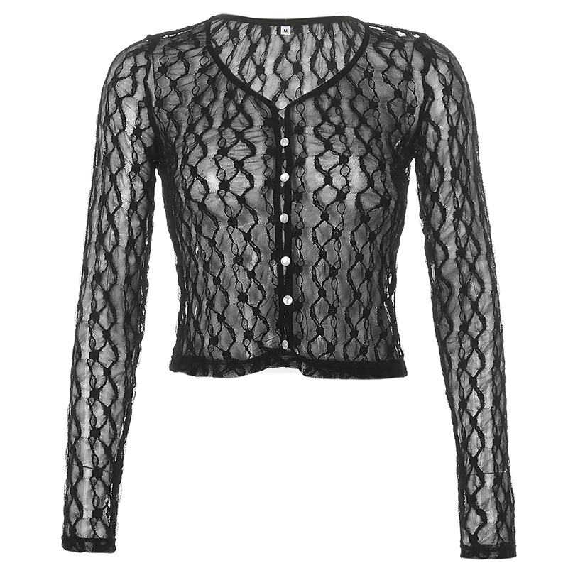 Sexy Mesh Transparent Women's t-shirt Aesthetic Lace Patchwork Vintage Long Sleeve Top Tees Single Button Clothes
Sexy Mesh Transparent Women's t-shirt Aesthetic Lace Patchwork Vintage Long Sleeve Top Tees Single Button Clothes