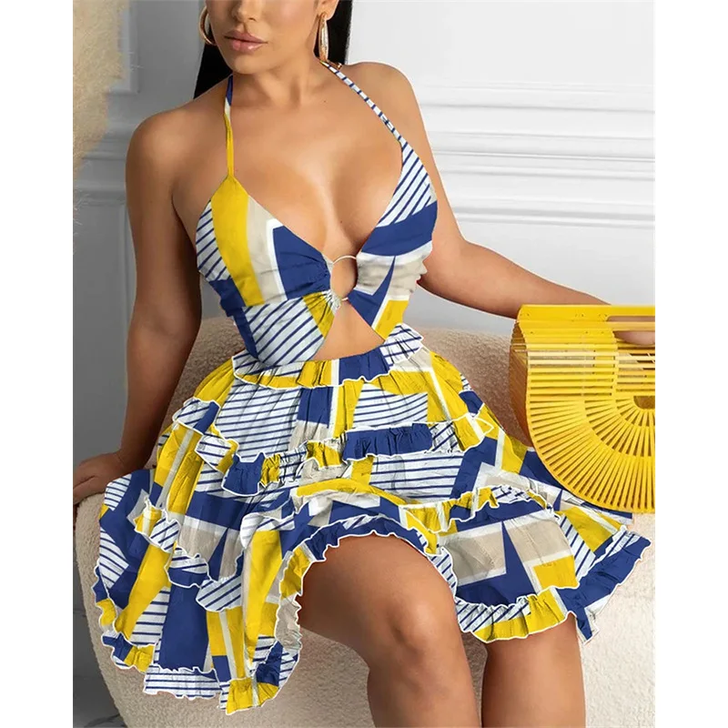 Pleated Summer Women's Dress Sexy Color Matching Striped Short Dress V Neck Sleeveless Holiday Beach Skirt Suit Mini Dress2021 
Pleated Summer Women's Dress Sexy Color Matching Striped Short Dress V Neck Sleeveless Holiday Beach Skirt Suit Mini Dress2021