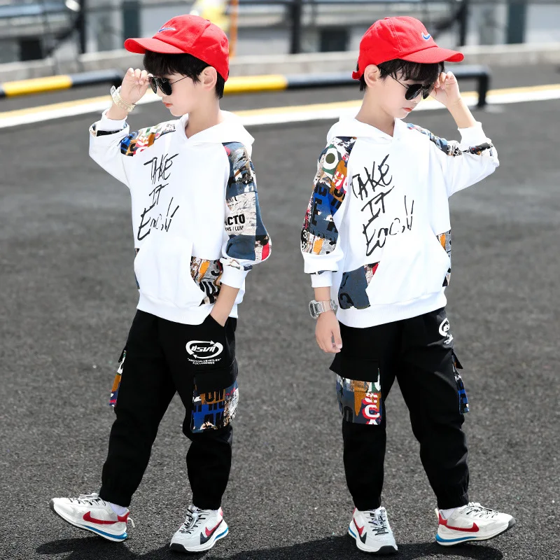 

Vetement Enfant Garcon Boy Cartoon Anime Clothing Suit 2021 Teenage Children Korean Hooded Cotton Sweater + Pants Two-piece Suit