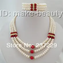 Wholesale price 3rows 8mm baroque white pearls red coral necklace bracelet a set
