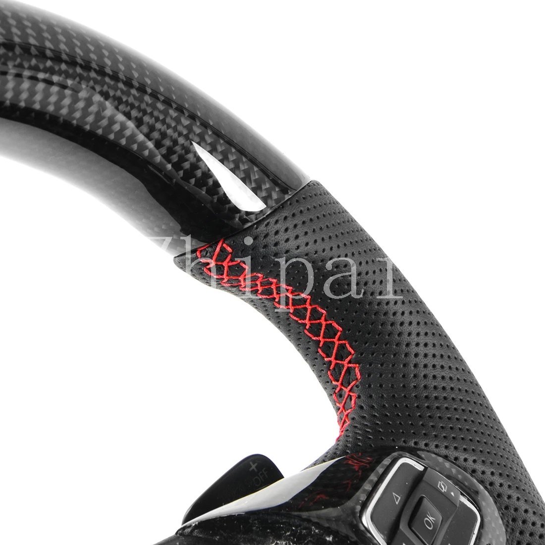 carbon fiber steering wheel volkswagen MK5 perforated leather with red mark and button assembly 
carbon fiber steering wheel volkswagen MK5 perforated leather with red mark and button assembly