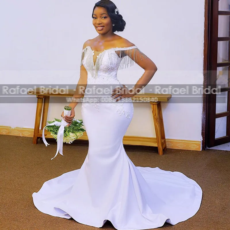 Beading Tassels Off Shoulder Wedding Dress Mermaid Court Train Long White Satin Appliques Aso Ebi Women Dresses Bridal Gown
Beading Tassels Off Shoulder Wedding Dress Mermaid Court Train Long White Satin Appliques Aso Ebi Women Dresses Bridal Gown