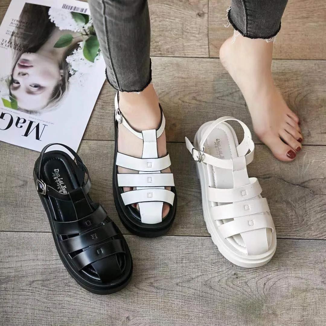 

Women Platform Sandals 2021 Cross Weaving Closed Toe White Leather Shoes Summer Fashion Rome Style Casual Female Sandal Black
