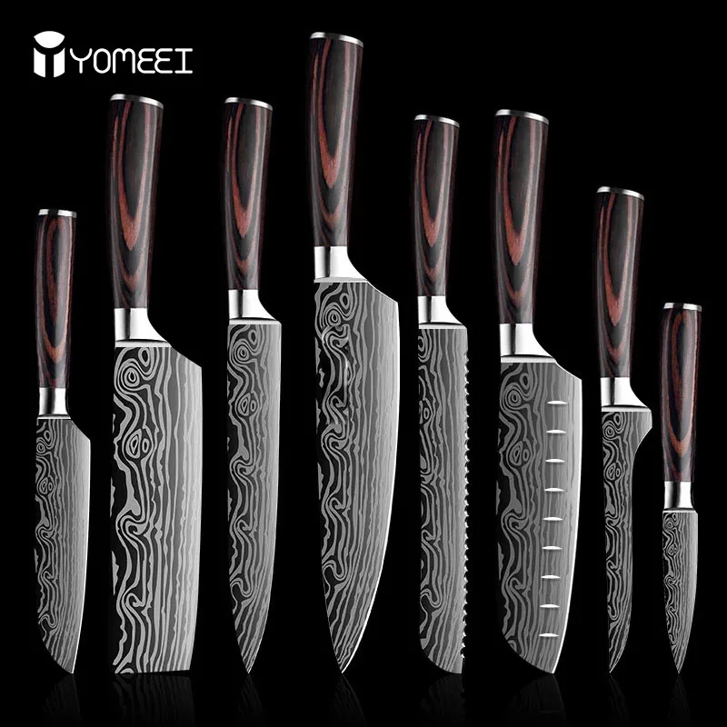 

Набор кухонных ножей YOMEEI, острые профессиональные ножи шеф-повара, Дамаск, нож в японском стиле, высокоуглеродистая Нержавеющая сталь