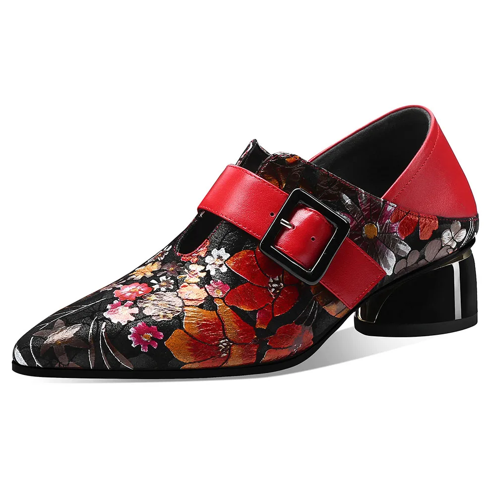 Pumps Shoes Women High Heels Cow Leather Spring Autumn Multicolor Printing Luxury Party Thick Pumps Woman Shoes with Heels 2021