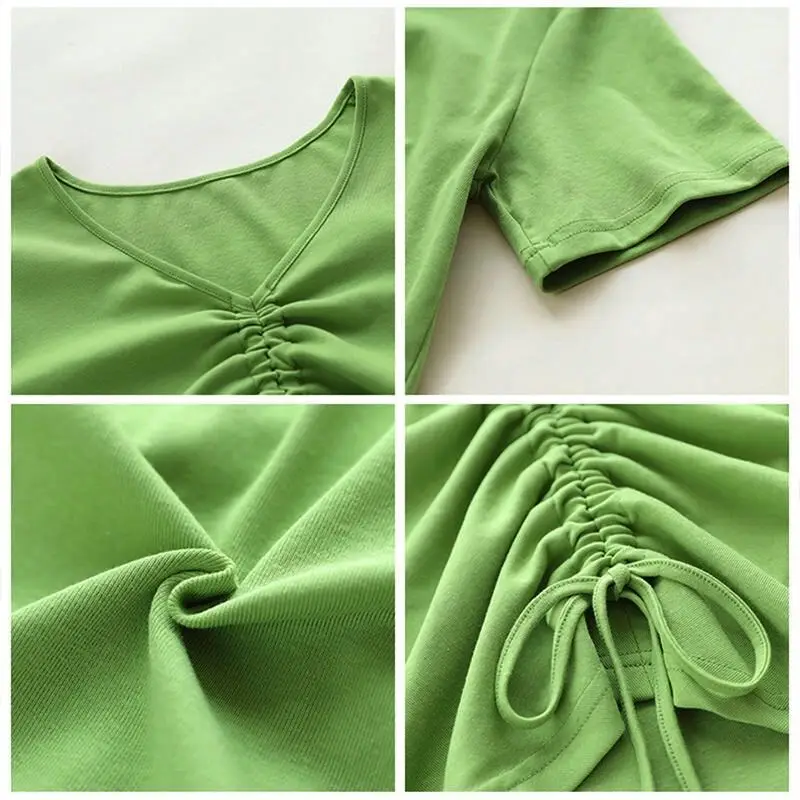 Fashion Design Drawstring Solid Knitted Women T-Shirts Summer New 2021 V-Neck Short-Sleeved Slim Casual Female Pulls Tops Tees
Fashion Design Drawstring Solid Knitted Women T-Shirts Summer New 2021 V-Neck Short-Sleeved Slim Casual Female Pulls Tops Tees