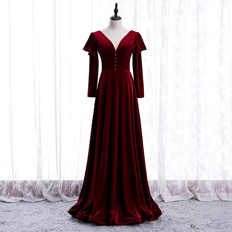 New Burgundy Deep V-Neck Three Quarter Sleeves Evening Dress A-line Floor-length Lace Up Simple Party Formal Dresses Woman B160
New Burgundy Deep V-Neck Three Quarter Sleeves Evening Dress A-line Floor-length Lace Up Simple Party Formal Dresses Woman B160