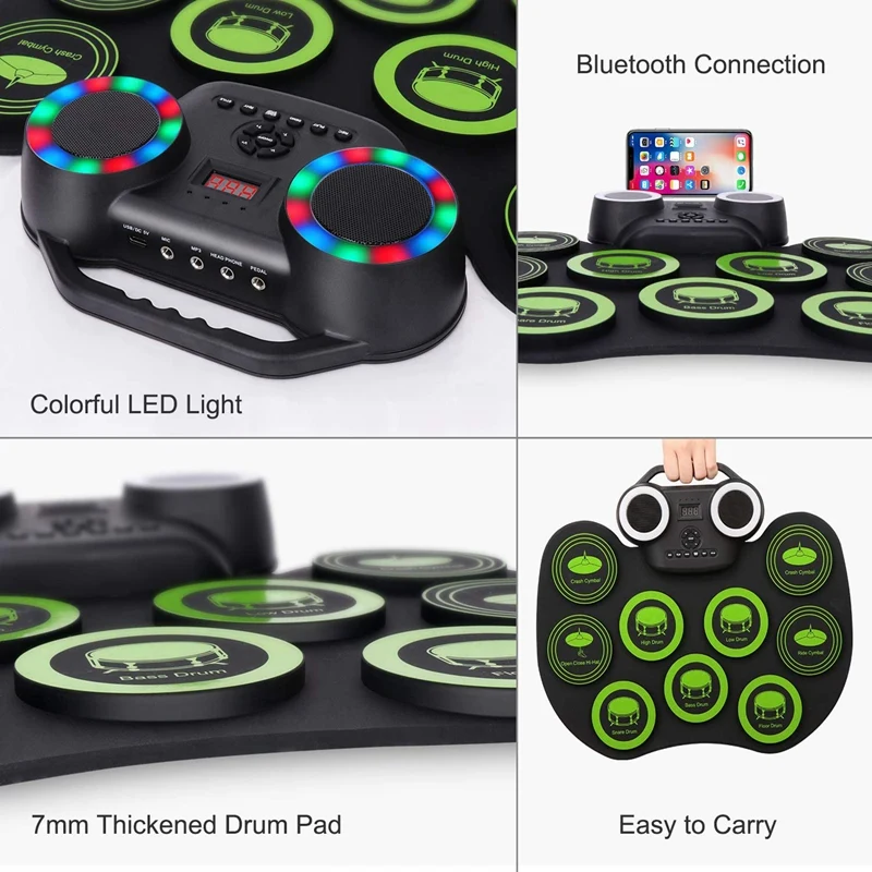 Electronic Drum Kit 9 Pads of Roll-Up Practice Drum Set Flashing Light Bluetooth Drum Set Built-in Dual Speakers
Electronic Drum Kit 9 Pads of Roll-Up Practice Drum Set Flashing Light Bluetooth Drum Set Built-in Dual Speakers