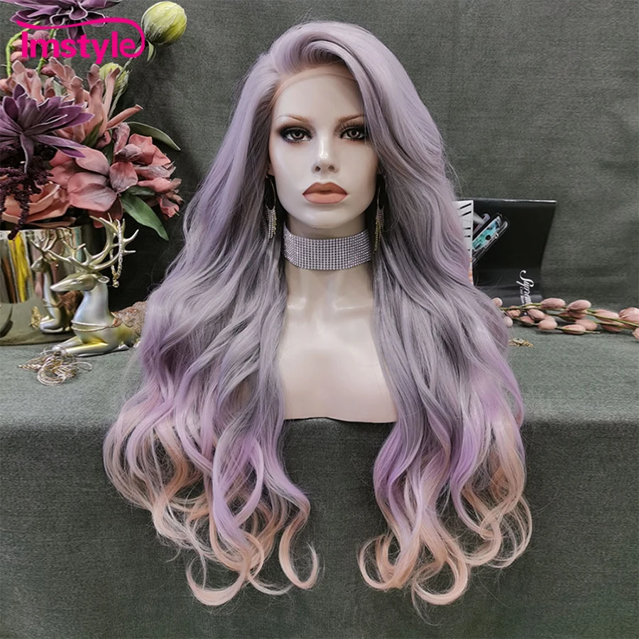 

Imstyle Ombre Purple Pink Wig Long Synthetic Lace Front Wig For Women Heat Resistant Fiber Glueless Natural Wavy Wigs Cosplay