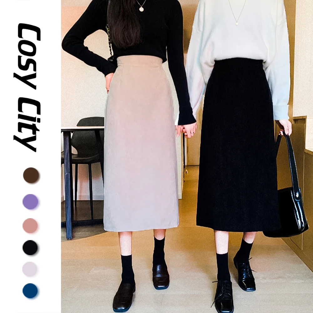 

Women Solid Black Corduroy High Waist Long Midi Skirt With Slit 2021 Elegant Skort Korea Korean Fashion Summer Autumn Clothing