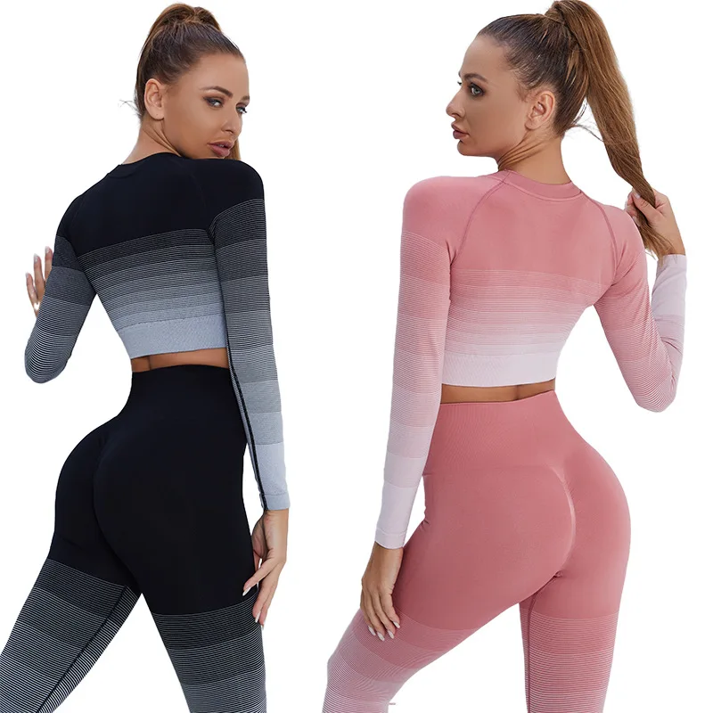 Gradient Stripes Sportswear Seamless Yoga Suits Ribbed High Waist Pants Leggings Long-sleeve T-shirts Running Fitness Wear Set
Gradient Stripes Sportswear Seamless Yoga Suits Ribbed High Waist Pants Leggings Long-sleeve T-shirts Running Fitness Wear Set