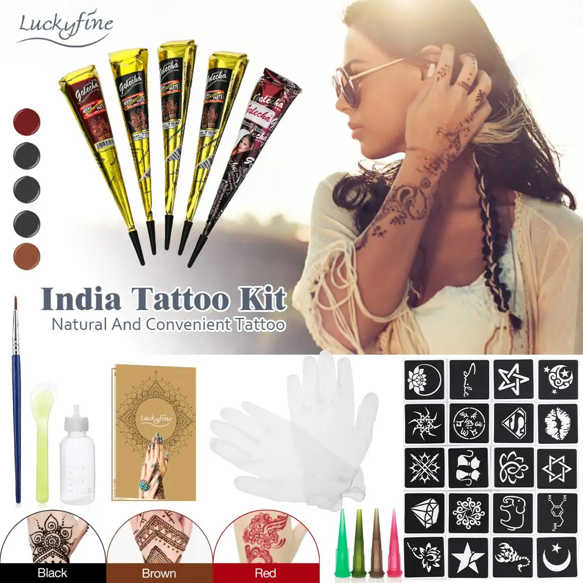 Henna Tattoo Adhesive Stencils Set Indian Temporary Henna Tattoo Paste Body Paint Airbrush Tattoo Art with 4Pcs Plastic Nozzle
Henna Tattoo Adhesive Stencils Set Indian Temporary Henna Tattoo Paste Body Paint Airbrush Tattoo Art with 4Pcs Plastic Nozzle