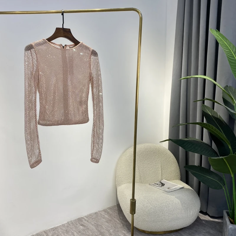 Ladies Sexy Top Quality Solid Women Women Shirt See Through Hollow Out Long Sleeve Diamonds Crystals Tops
Ladies Sexy Top Quality Solid Women Women Shirt See Through Hollow Out Long Sleeve Diamonds Crystals Tops