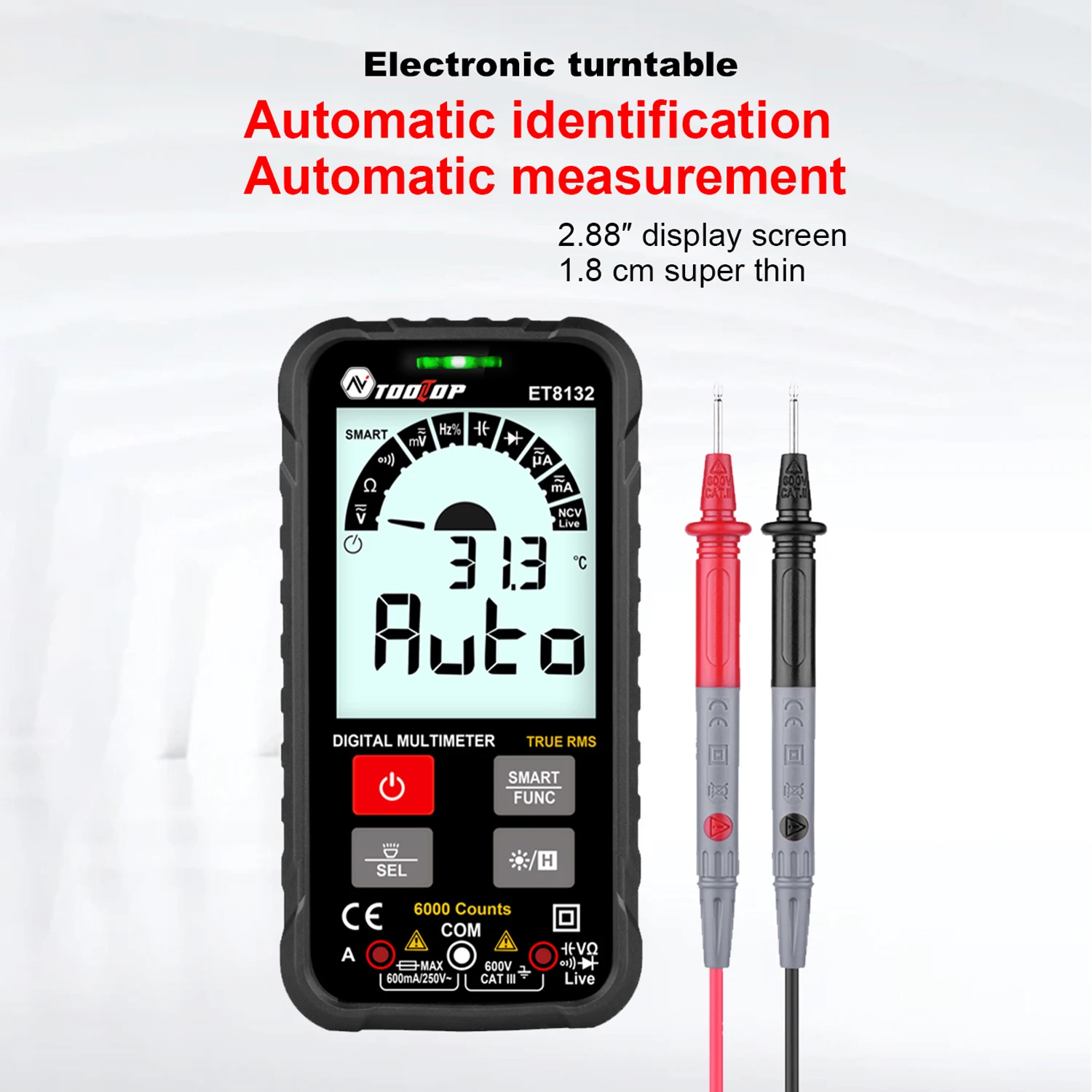 ET8132 Digital Multimeter 2.88" Handheld High Accuracy Multimeter AC DC Voltage Current Resistance Frequency Capacitance Meter
ET8132 Digital Multimeter 2.88" Handheld High Accuracy Multimeter AC DC Voltage Current Resistance Frequency Capacitance Meter