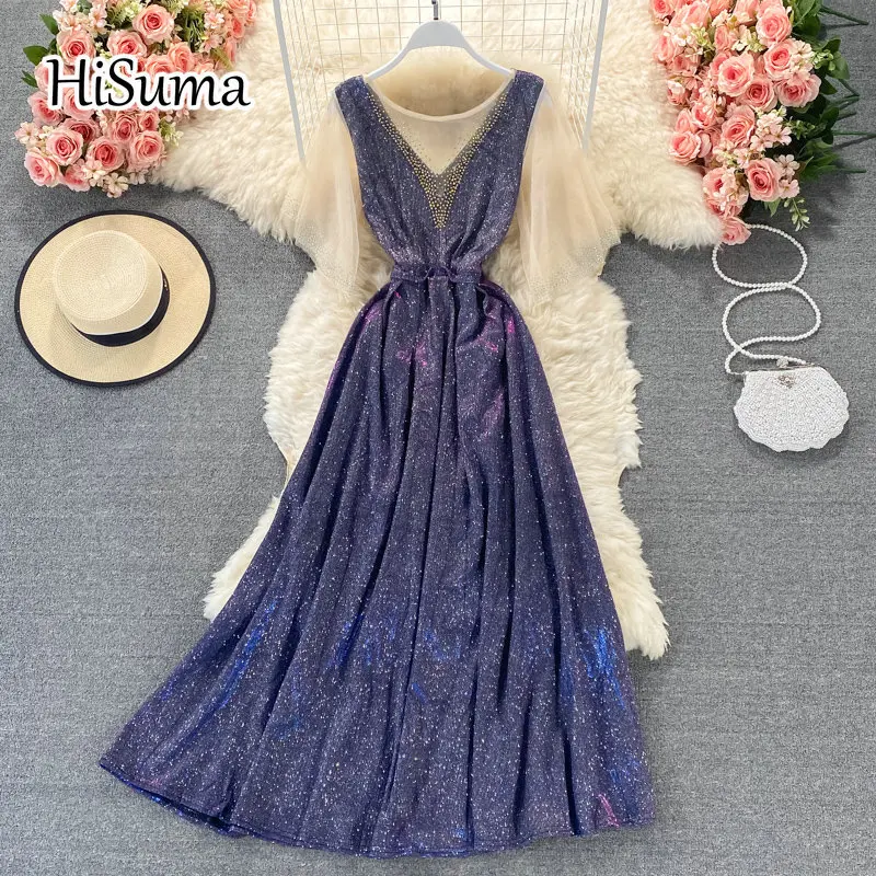 2021 summer new women o-neck beading bling bright silk with mesh A-line dress female Chic elegant waist shiny party dresses
2021 summer new women o-neck beading bling bright silk with mesh A-line dress female Chic elegant waist shiny party dresses