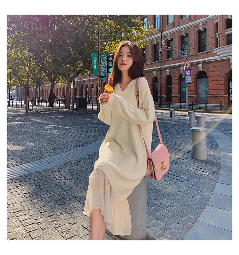 Dress for women Casual V-neck Loose Women Sweater Dress Elegant Autumn Winter Dress Ruffles Patchwork Female Long Knitted plus
Dress for women Casual V-neck Loose Women Sweater Dress Elegant Autumn Winter Dress Ruffles Patchwork Female Long Knitted plus