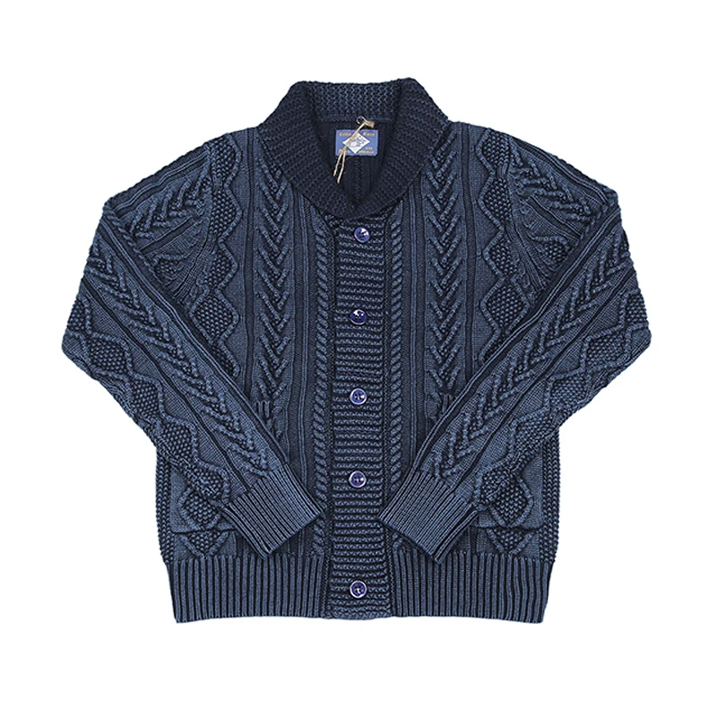 

DONG Shawl BOB Collar Indigo Cotton Cardigan Jacquard Pattern Sweater For Men