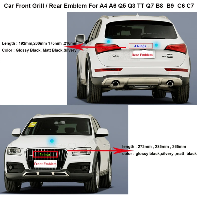 1pcs For A4 A6 Q5 Q3 TT Q7 B8 B9 C6 C7 Car Front Grill Label Hood Bonnet Badge/Rear Boot Emblem Auto Tail Trunk Logo
1pcs For A4 A6 Q5 Q3 TT Q7 B8 B9 C6 C7 Car Front Grill Label Hood Bonnet Badge/Rear Boot Emblem Auto Tail Trunk Logo