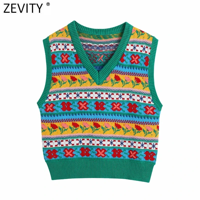 

Zevity женский модный цветной жаккардовый вязаный свитер с цветочным узором женский шикарный жилет с V-образным вырезом без рукавов пуловер То...