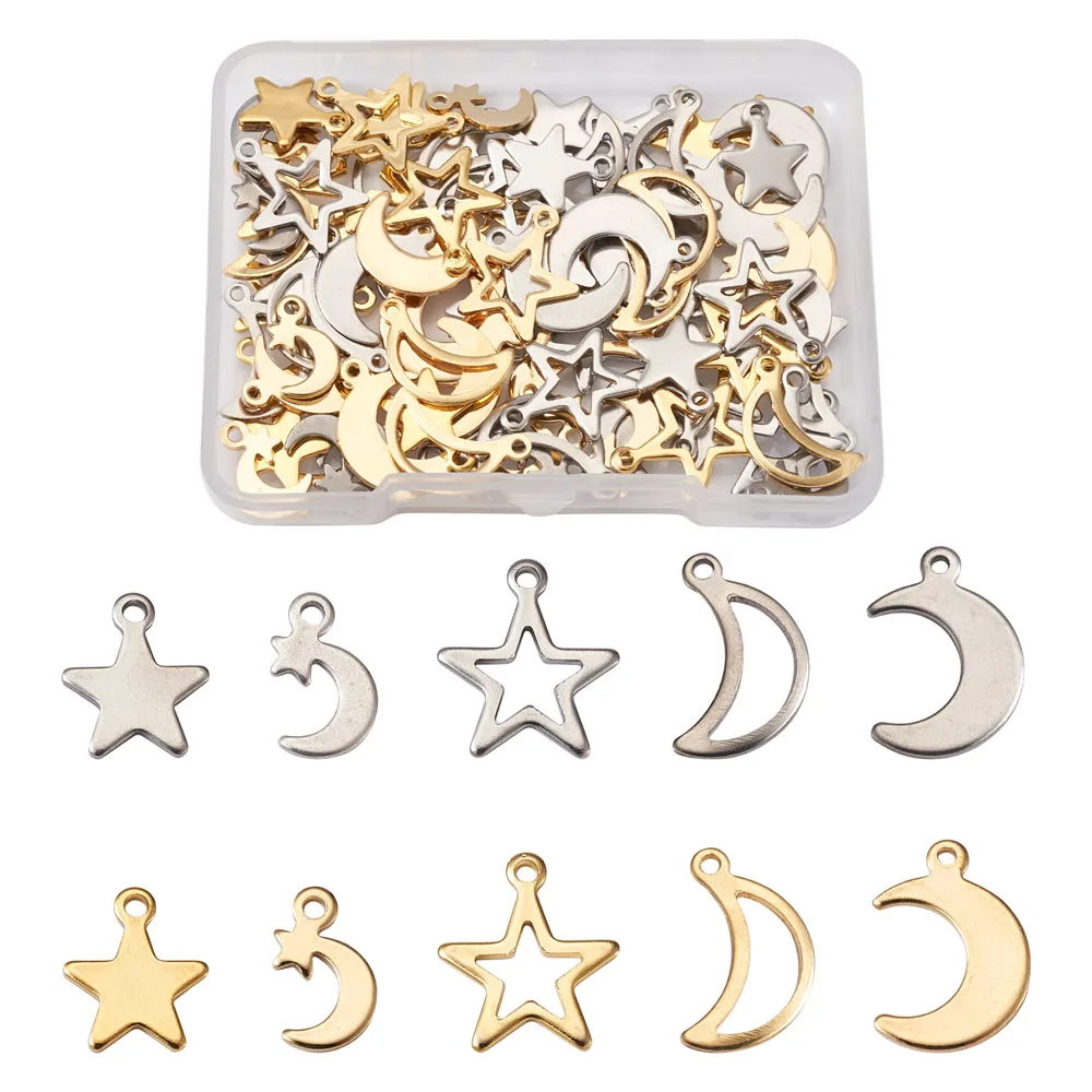100pcs/Box 304 Stainless Steel Star Moon Charms Pendant For Bracelet Necklace Earring DIY Jewelry making Decor Accessories
100pcs/Box 304 Stainless Steel Star Moon Charms Pendant For Bracelet Necklace Earring DIY Jewelry making Decor Accessories
